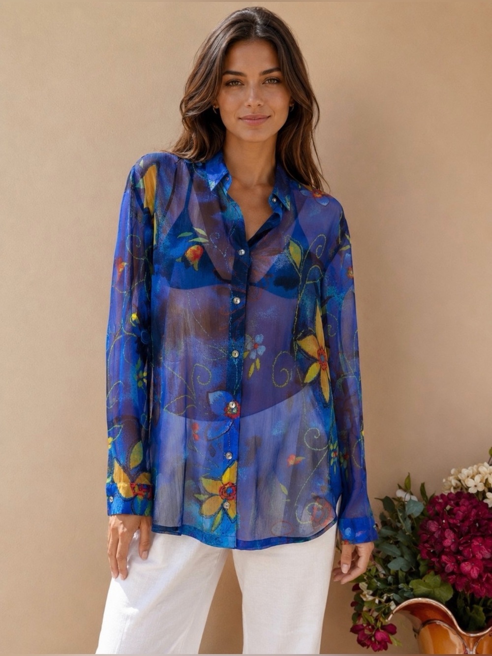 Chico's Sheer Blue Floral Button-Down Shirt